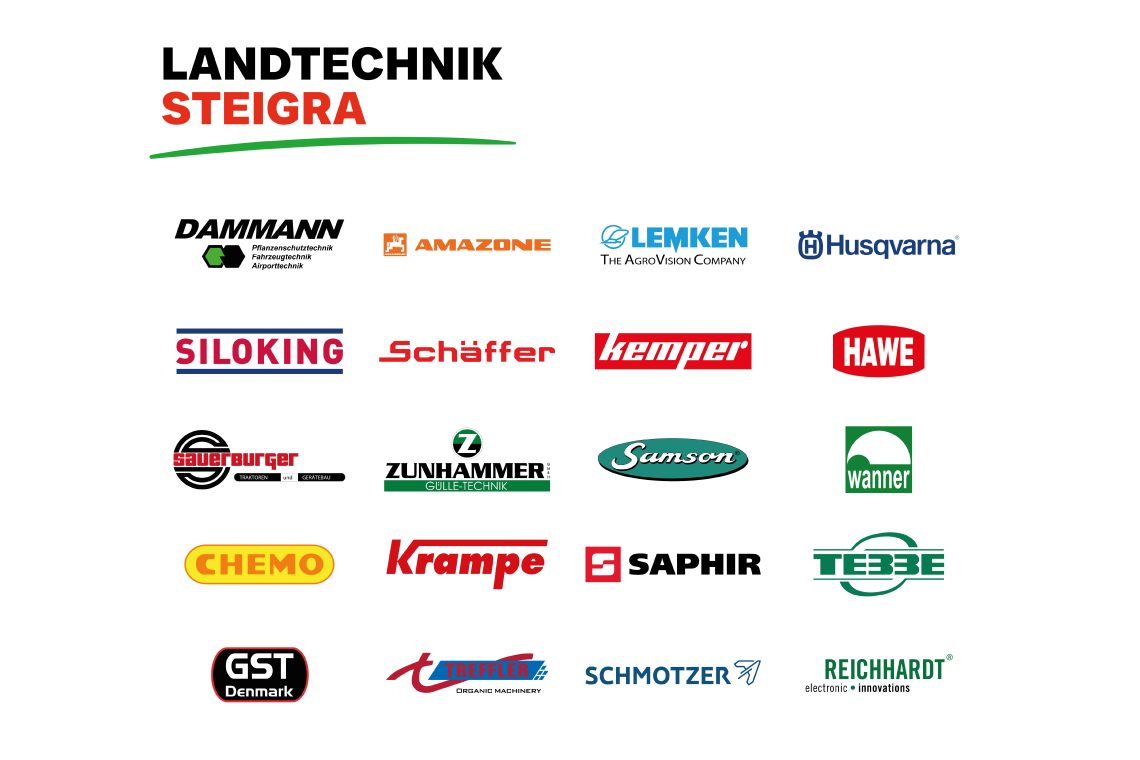 Collage von Firmenlogos aus dem Landtechnik Steigra Produktportfolio
